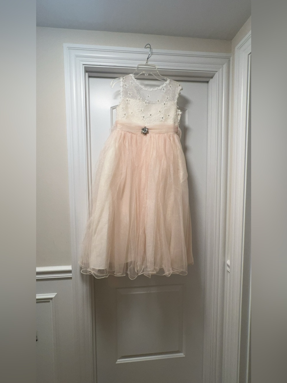 Tip Top Ivory and Blush Tulle Formal Dress for Girls with Embellished Waist